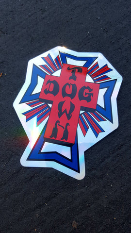 Dogtown CROSS STICKER - RED BLUE FOIL 4"