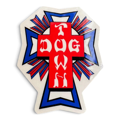 Dogtown CROSS Skateboard STICKER - RED, WHITE, and BLUE 2"