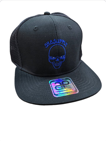 SK8SUPPLY Wes Humpston Skull Logo UPGRADED TRUCKER snap back hat - BLACK BLUE