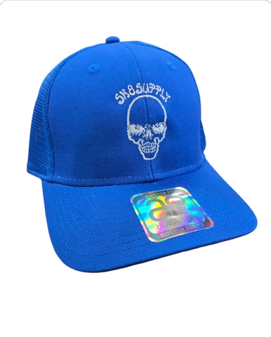 SK8SUPPLY Wes Humpston Skull Logo UPGRADED TRUCKER snap back hat - BLUE WHITE