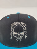 SK8SUPPLY Wes Humpston Skull Logo snap back hat - BLACK / BLUE BILL SILVER