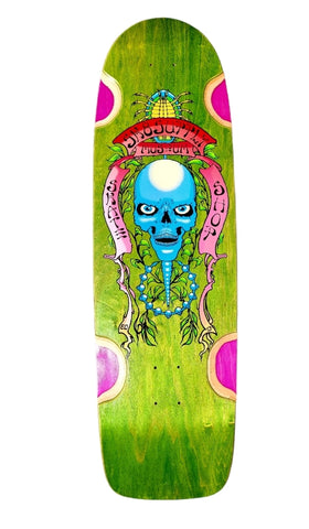 SK8supply Wes Humpston Art Crystal Skull 36" Skateboard - GREEN / PINK BANNER